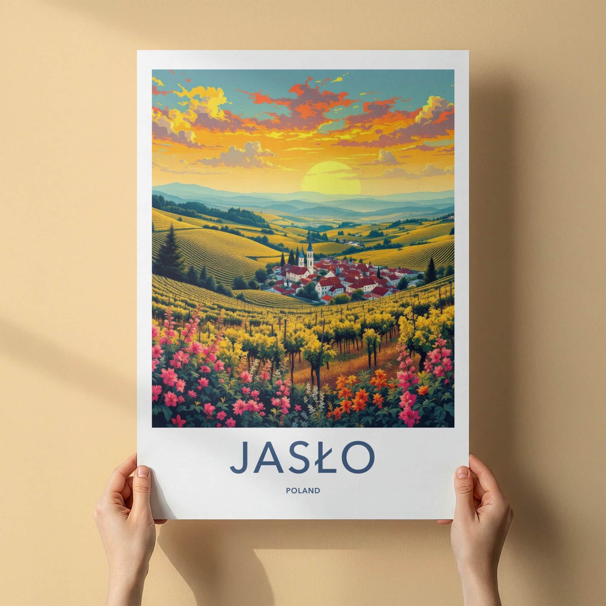 Jaslo Poster - Poland Travel Art - Vineyard Village Sunset Home Decor