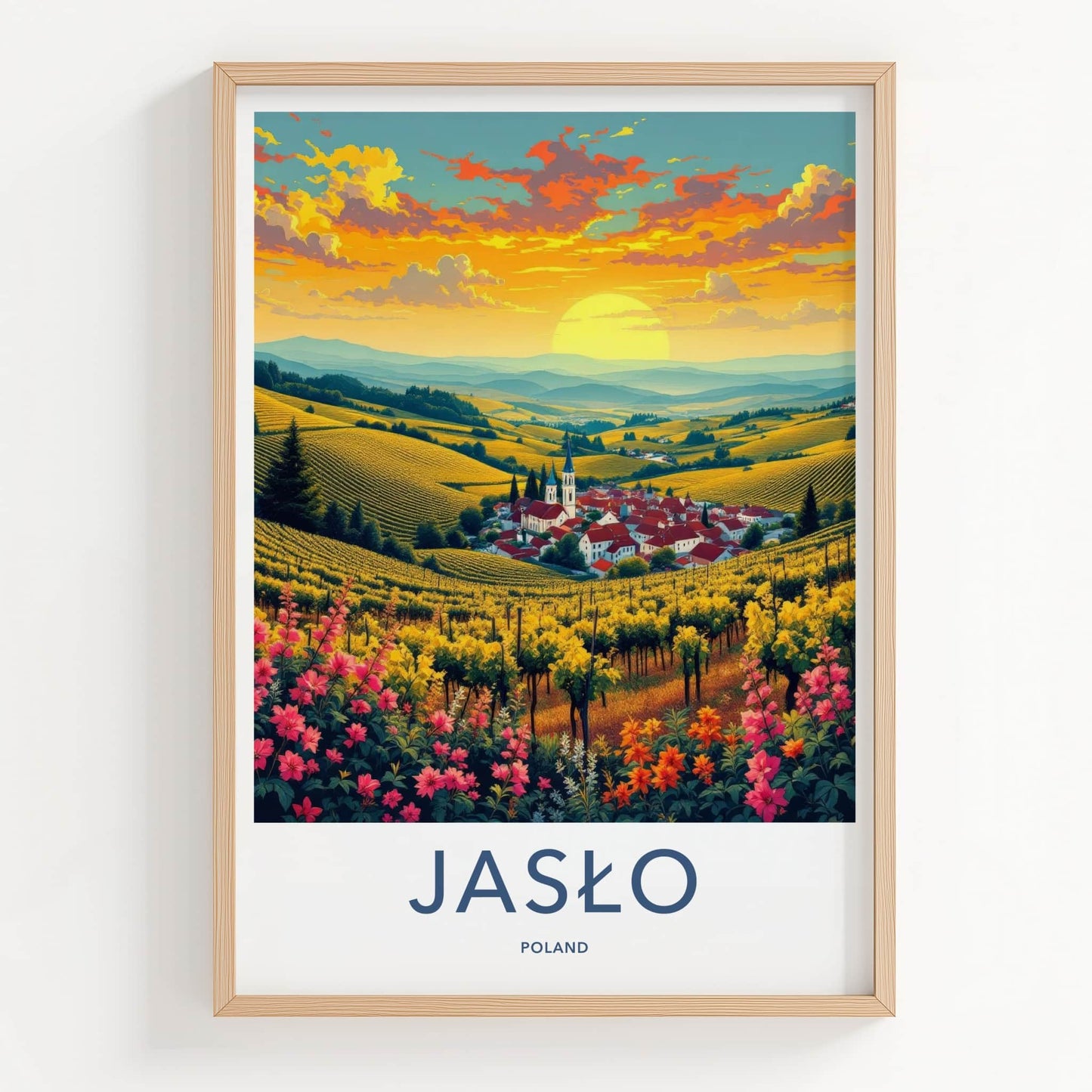 Jaslo Poster - Poland Travel Art - Vineyard Village Sunset Home Decor