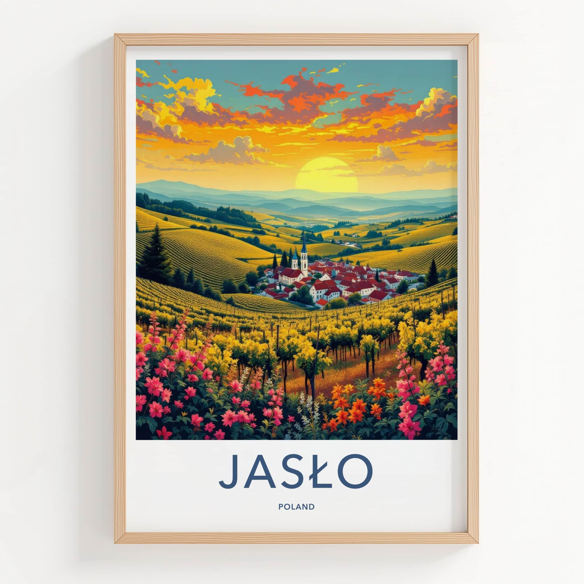 Jaslo Poster - Poland Travel Art - Vineyard Village Sunset Home Decor