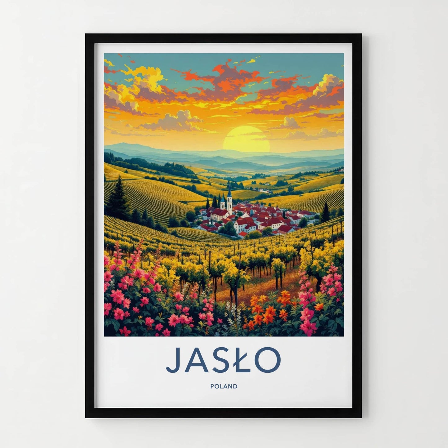 Jaslo Poster - Poland Travel Art - Vineyard Village Sunset Home Decor