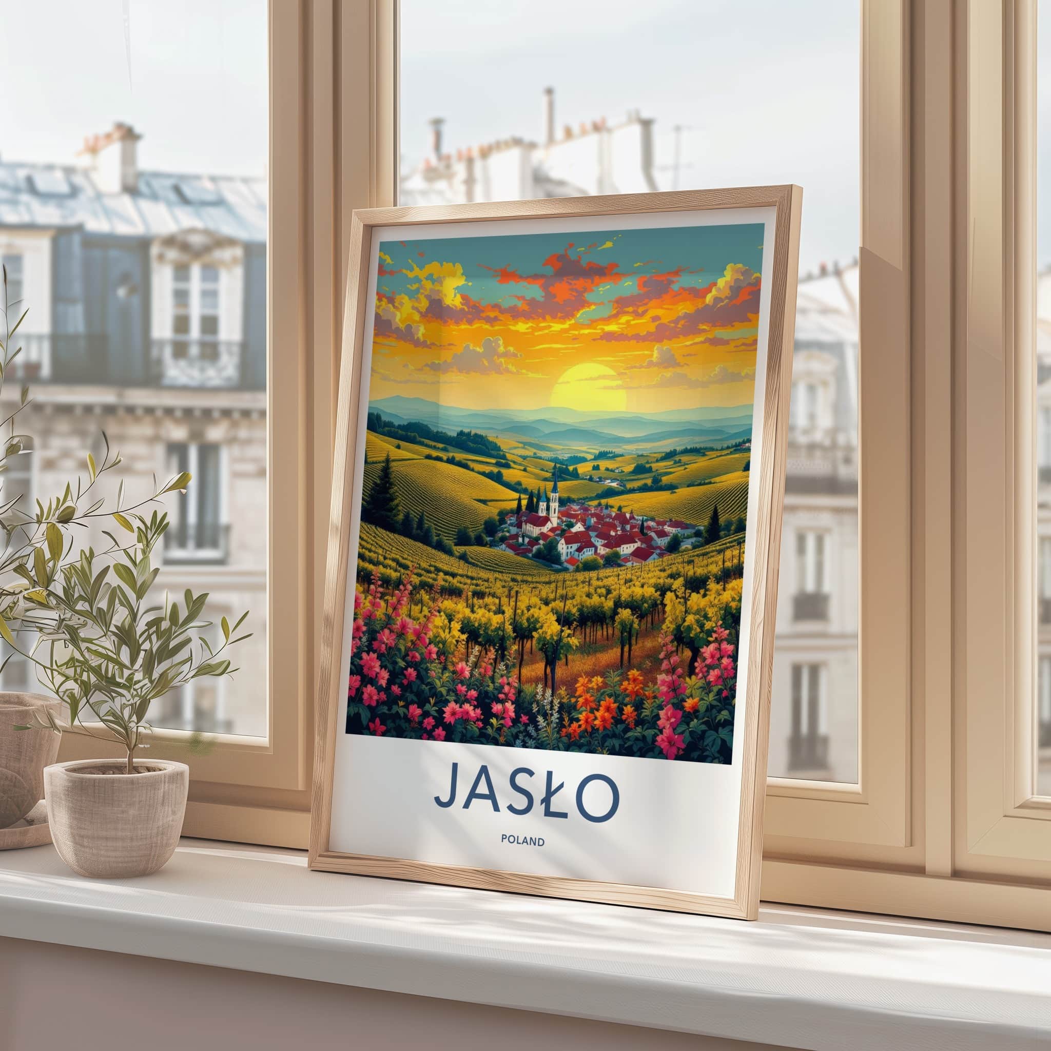 Jaslo Poster - Poland Travel Art - Vineyard Village Sunset Home Decor