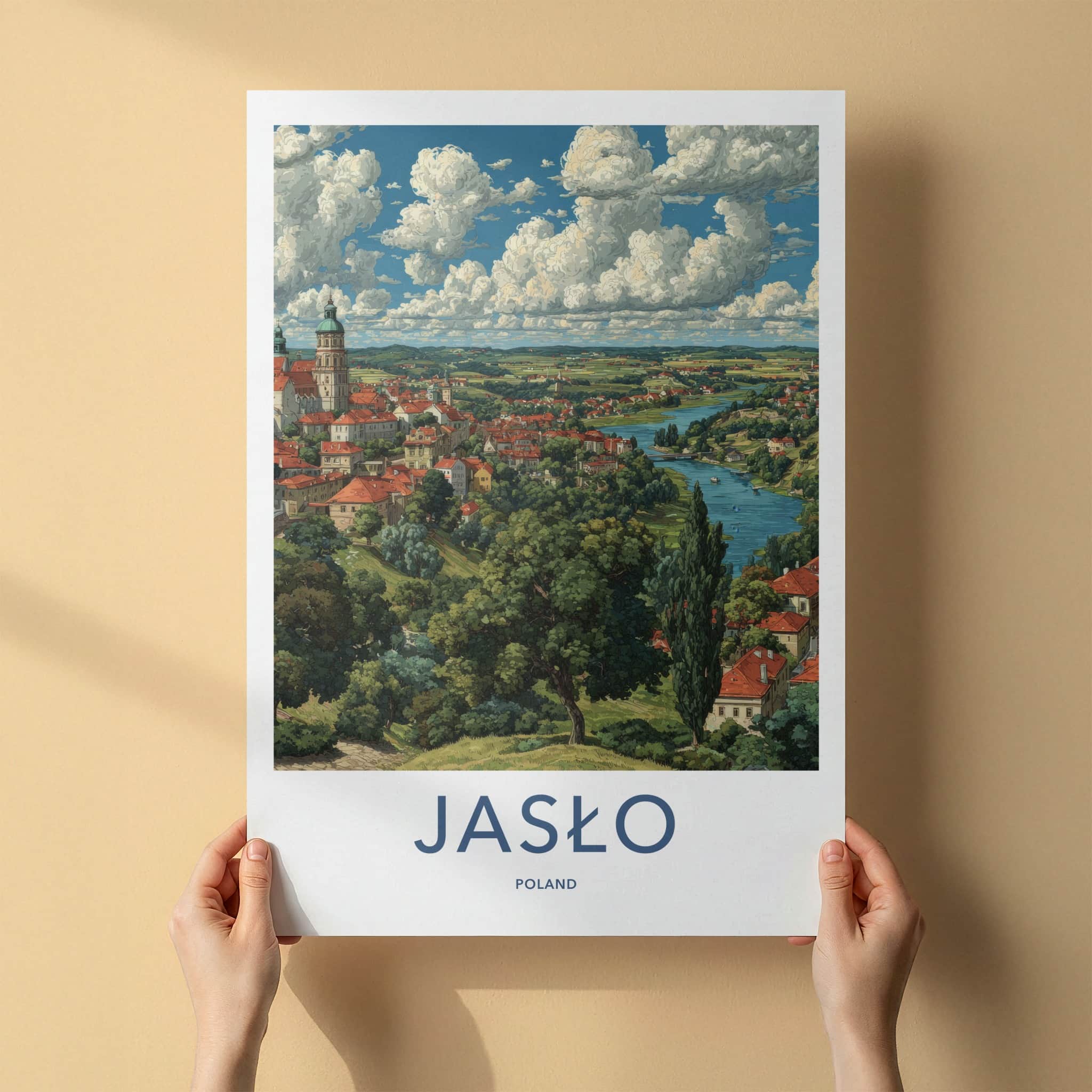 Jaslo Poster - Poland Travel Print - Red Roof Cityscape Lounge Decor