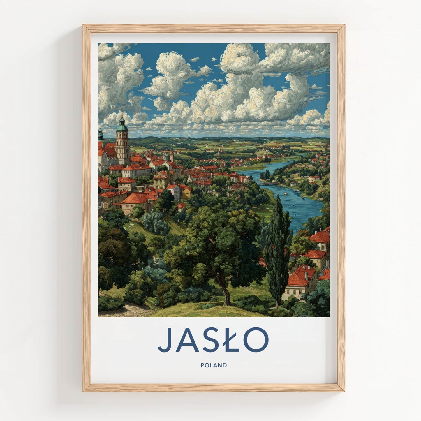 Jaslo Poster - Poland Travel Print - Red Roof Cityscape Lounge Decor