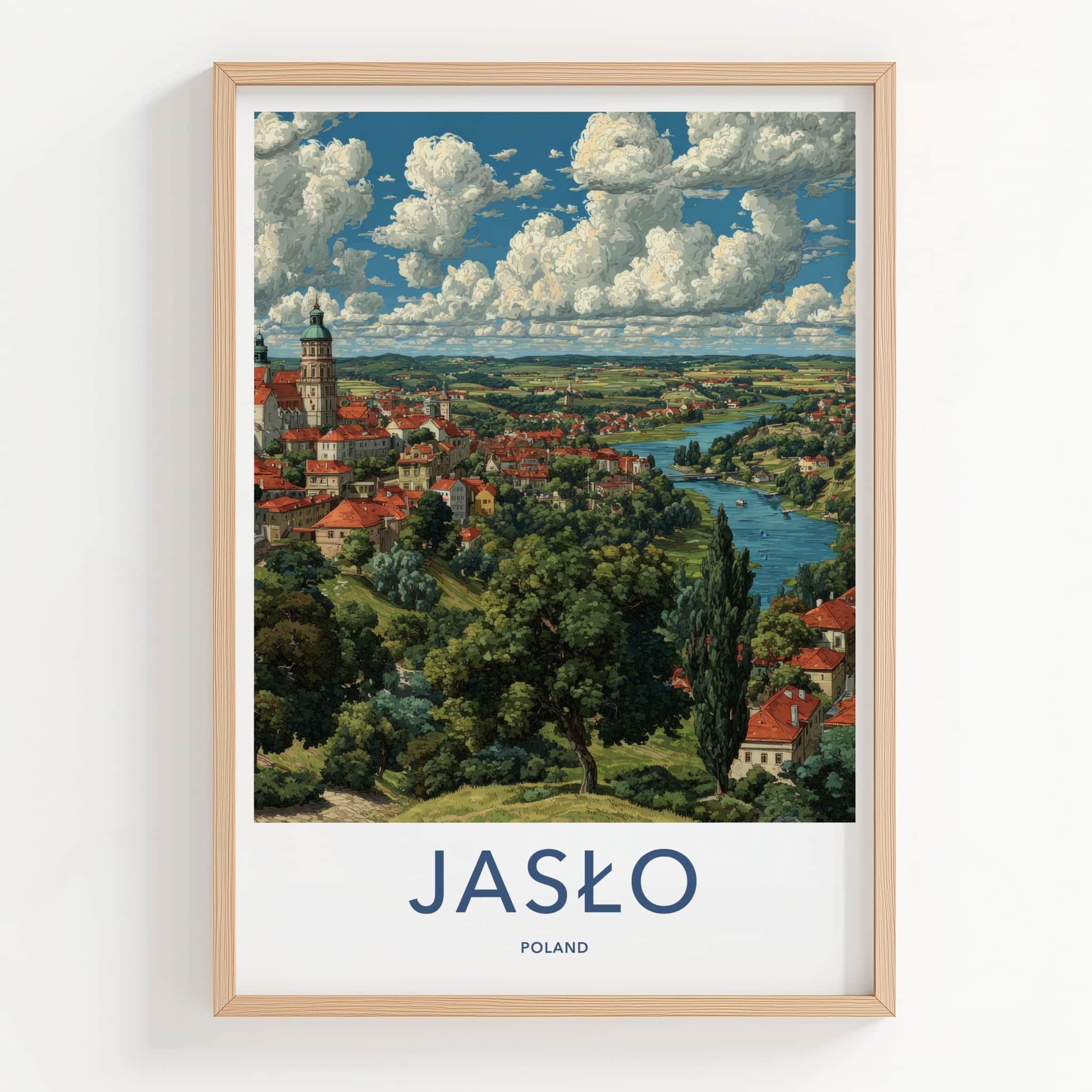 Jaslo Poster - Poland Travel Print - Red Roof Cityscape Lounge Decor