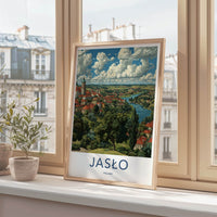 Jaslo Poster - Poland Travel Print - Red Roof Cityscape Lounge Decor