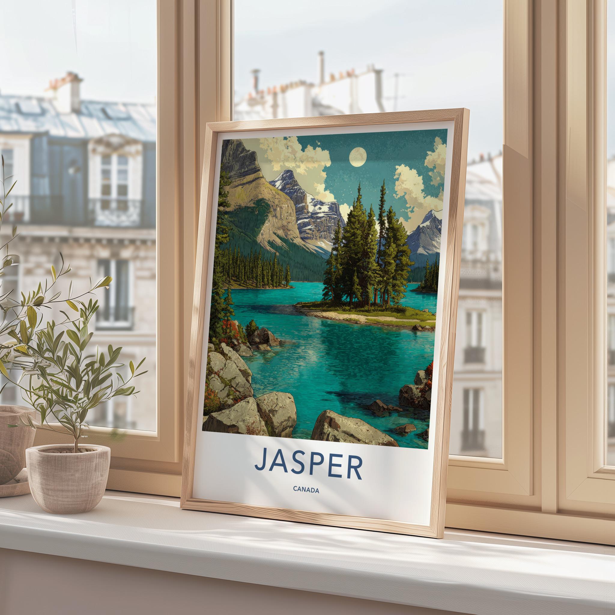 Jasper Poster - Canada Travel Art - Moonlit Mountain Lake Home Decor