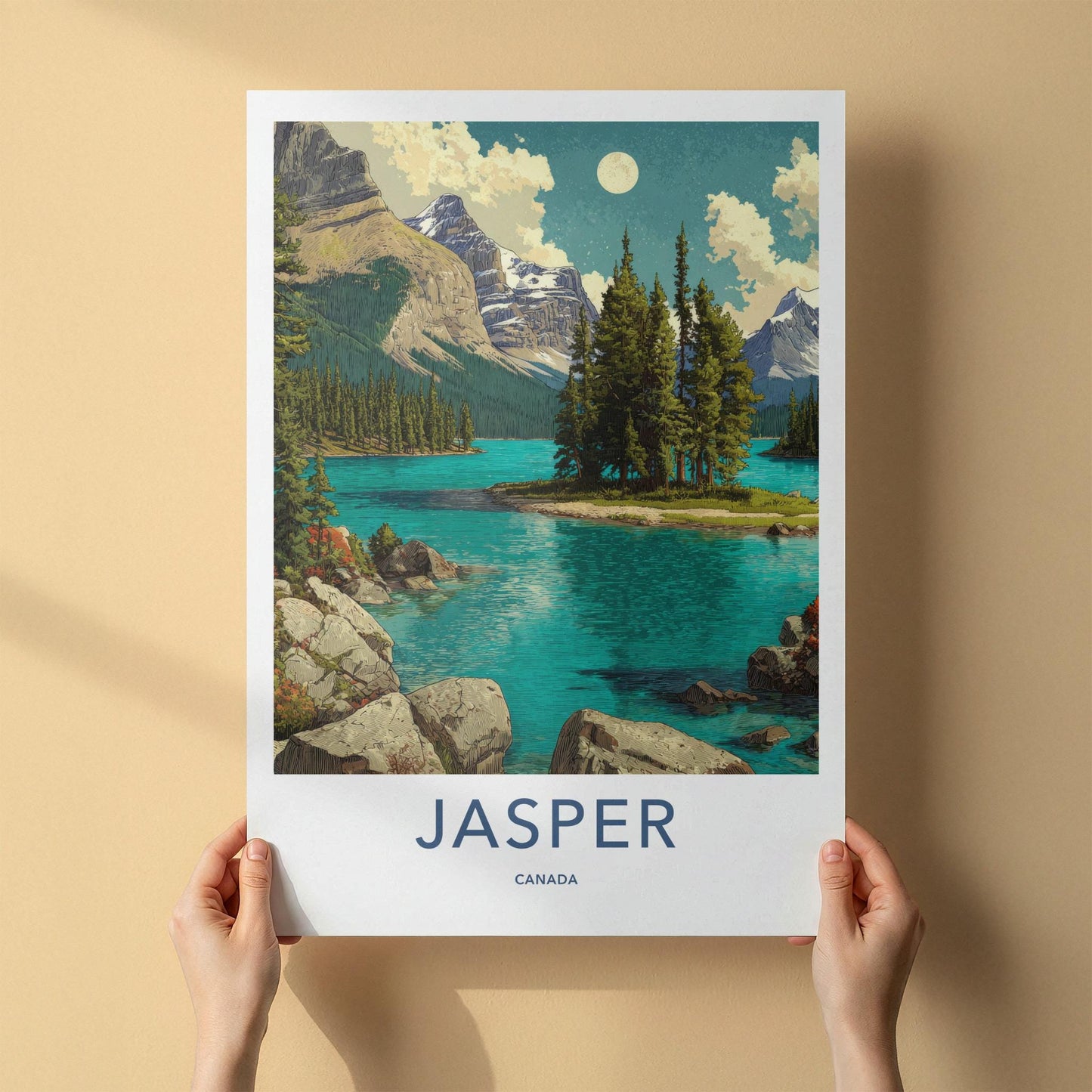 Jasper Poster - Canada Travel Art - Moonlit Mountain Lake Home Decor