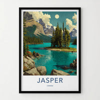 Jasper Poster - Canada Travel Art - Moonlit Mountain Lake Home Decor