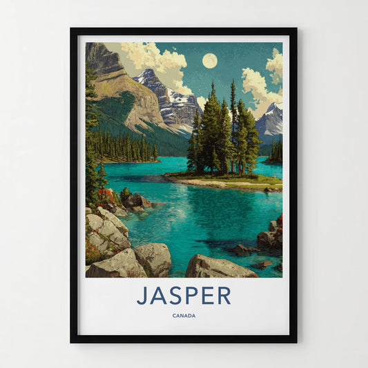 Jasper Poster - Canada Travel Art - Moonlit Mountain Lake Home Decor