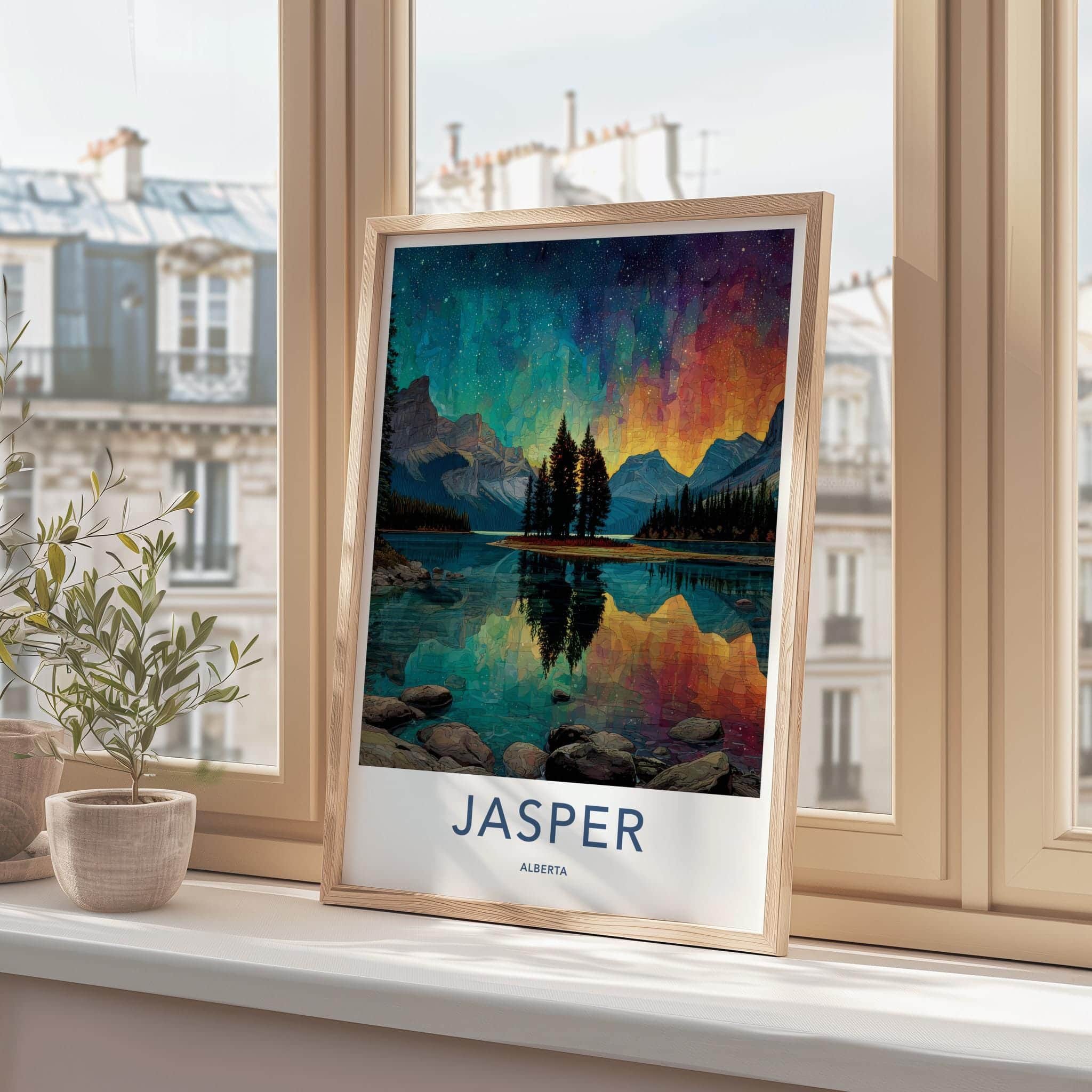 Jasper Poster - Canada Travel Art - Stained Glass Mountain Wall Decor