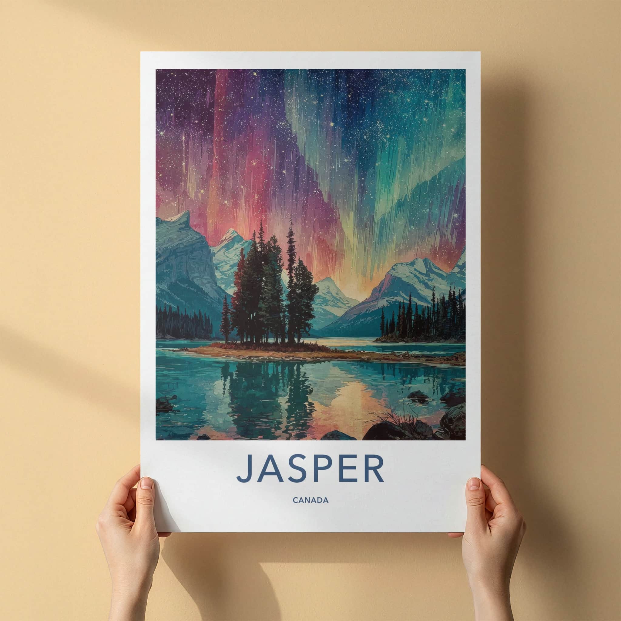 Jasper Poster - Canada Travel Print - Northern Lights Lake Lounge Decor