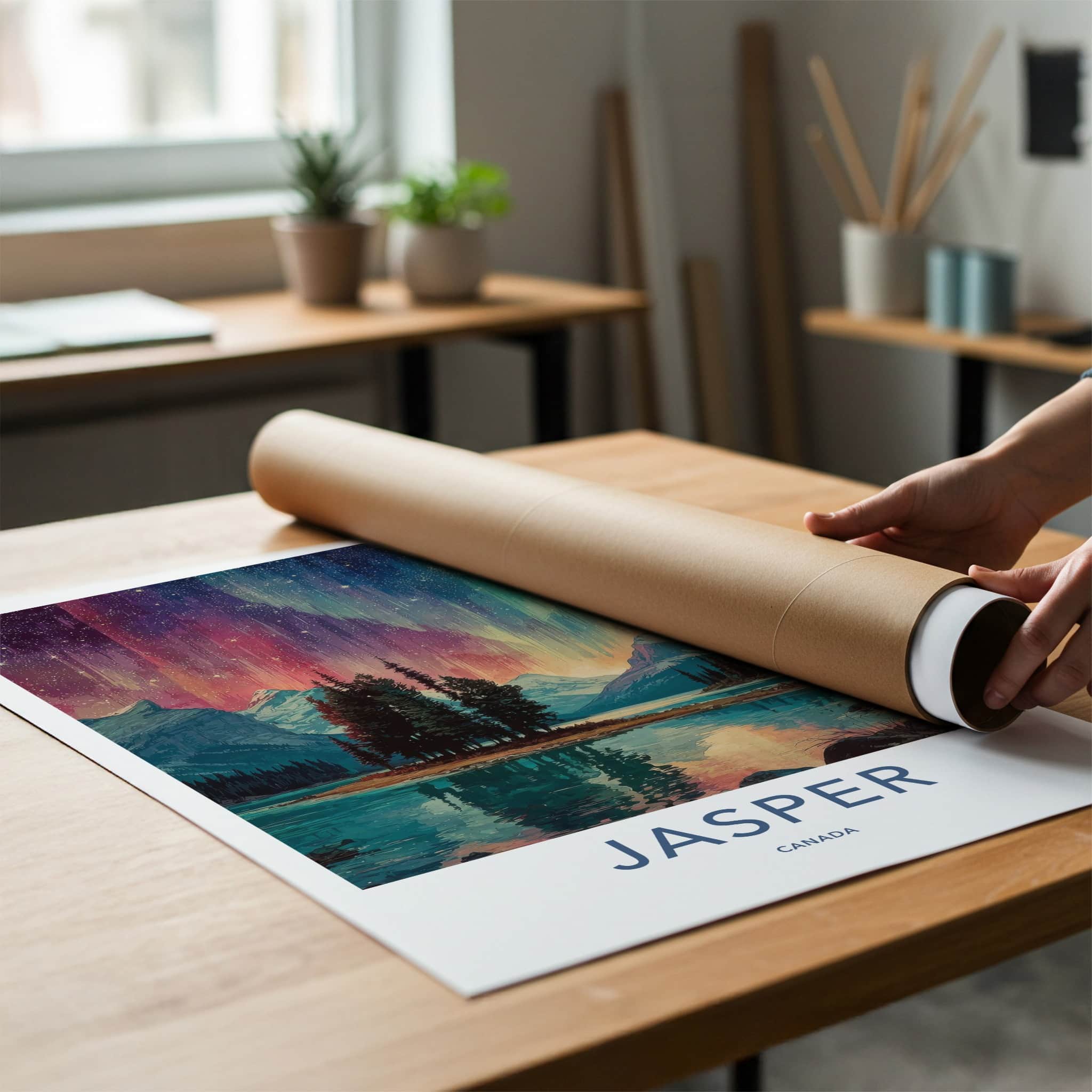 Jasper Poster - Canada Travel Print - Northern Lights Lake Lounge Decor