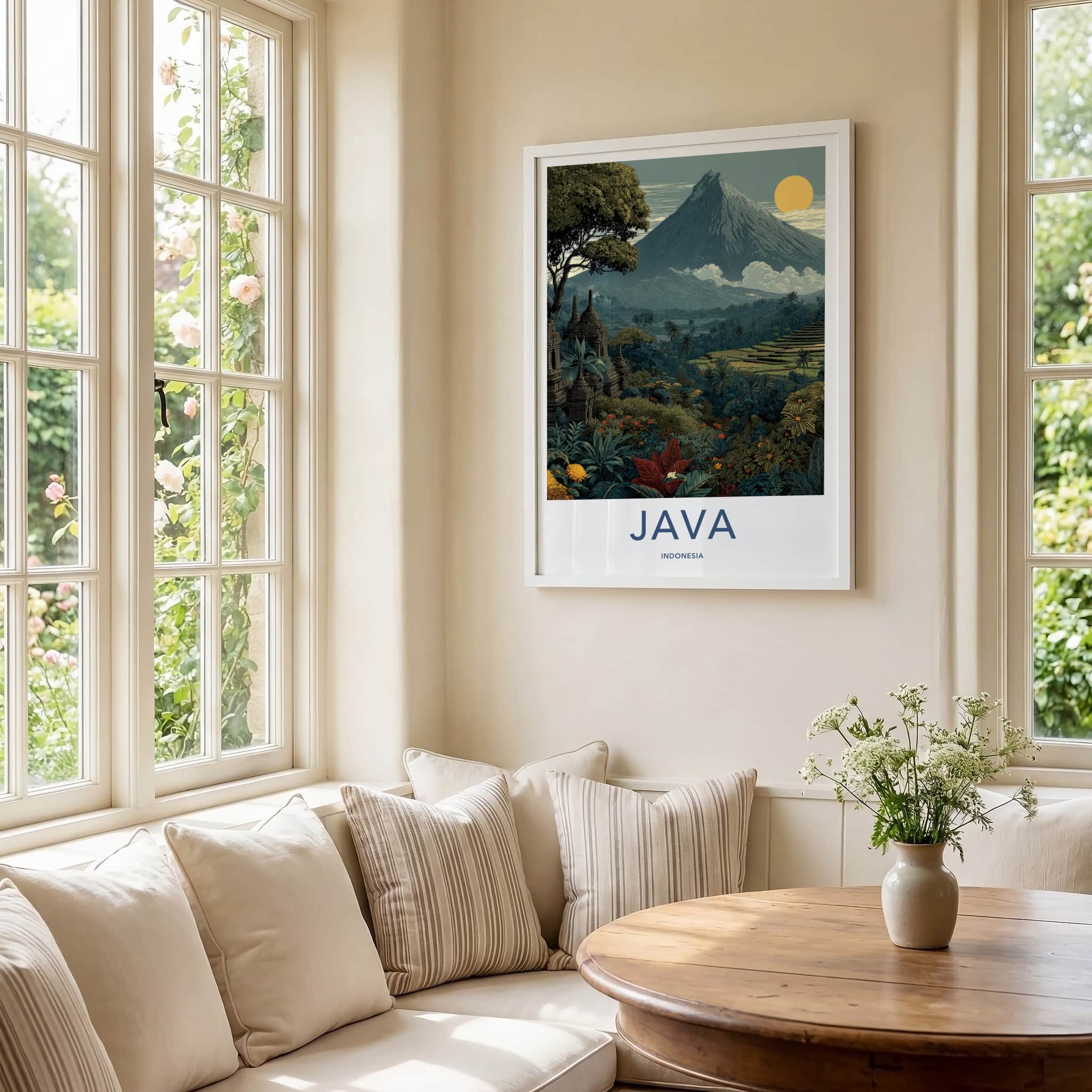 Java Poster - Indonesia Travel Art - Ancient Temples Mountain Gallery Art