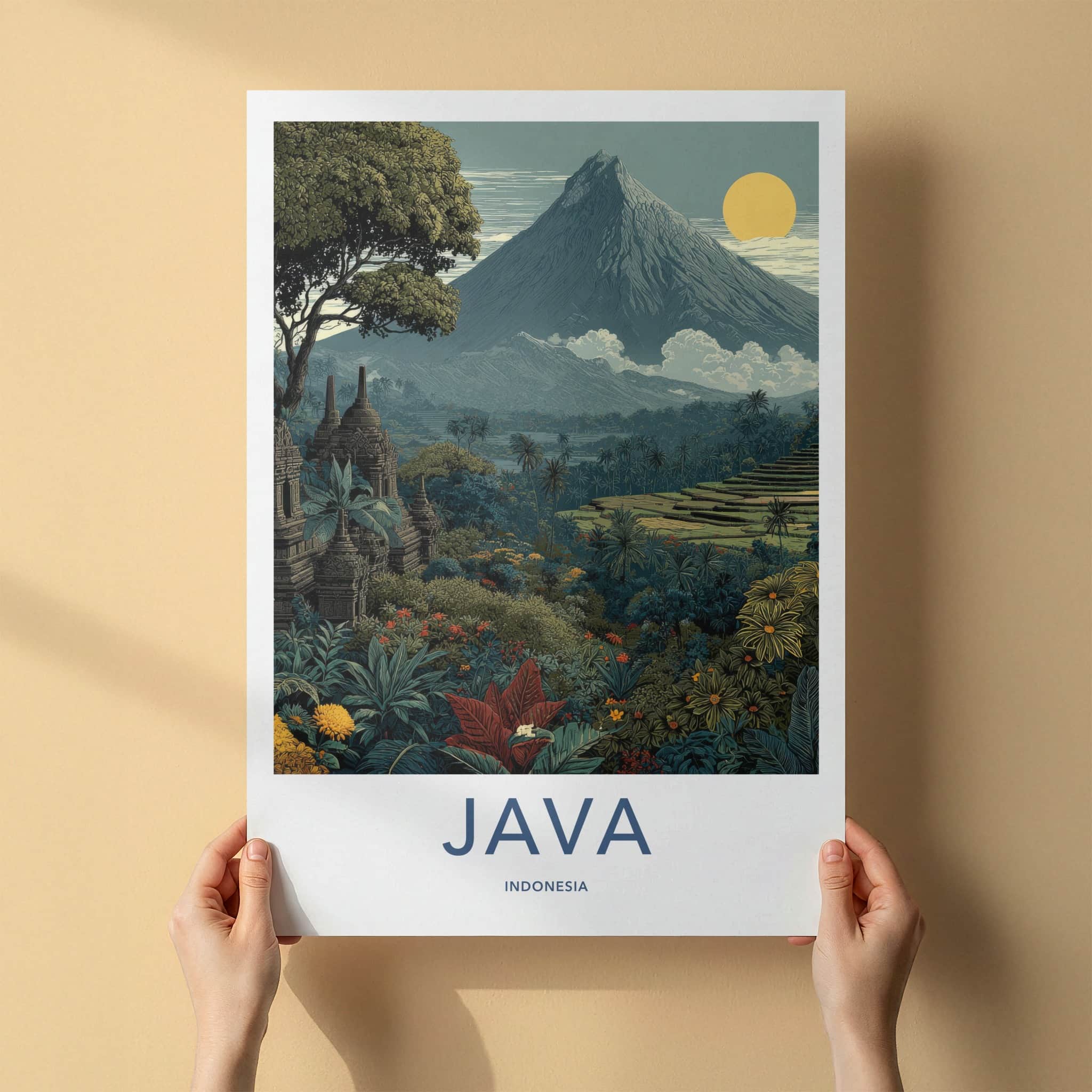 Java Poster - Indonesia Travel Art - Ancient Temples Mountain Gallery Art