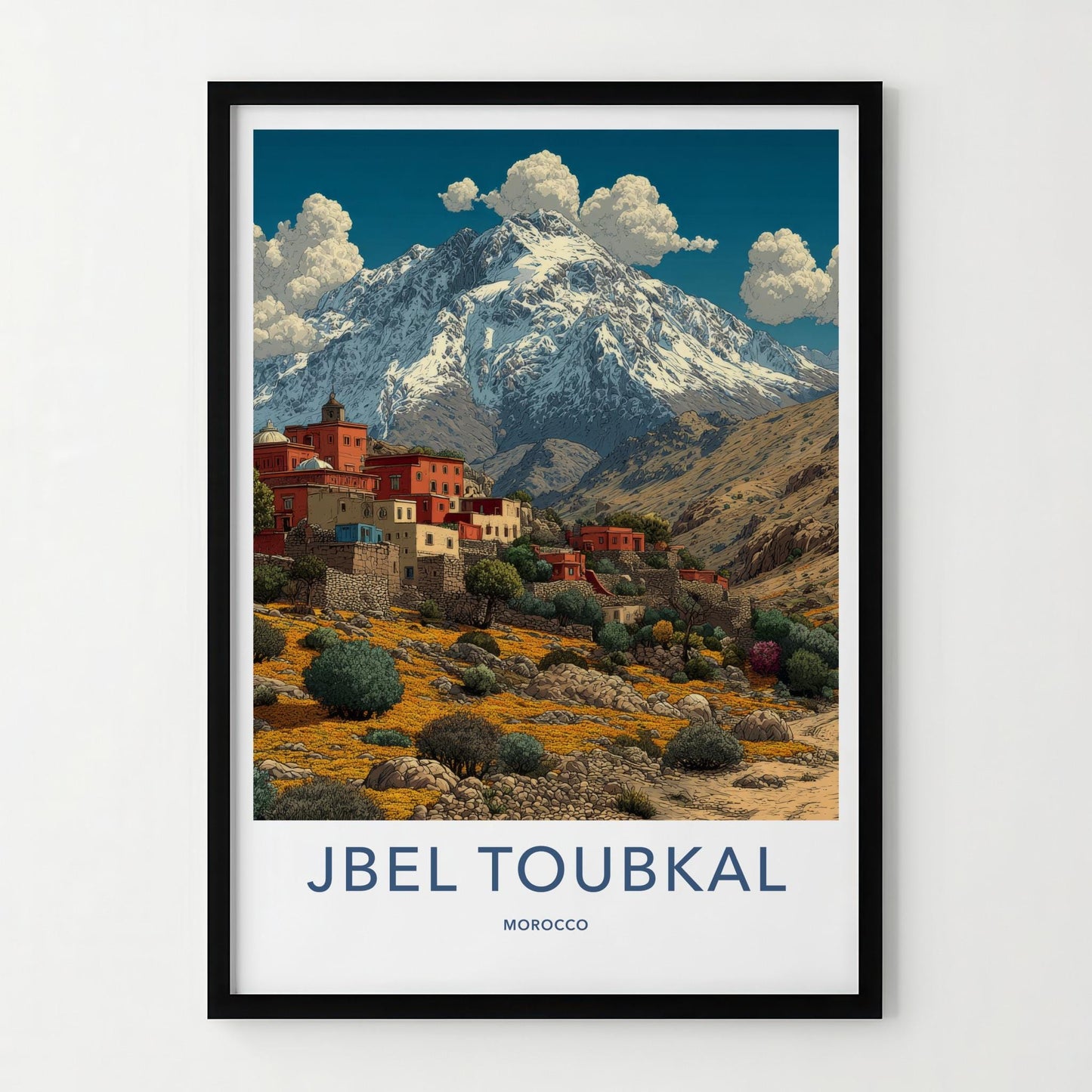 Jbel Toubkal Poster - Morocco Travel Art - Terraced Village Flowers Home Decor