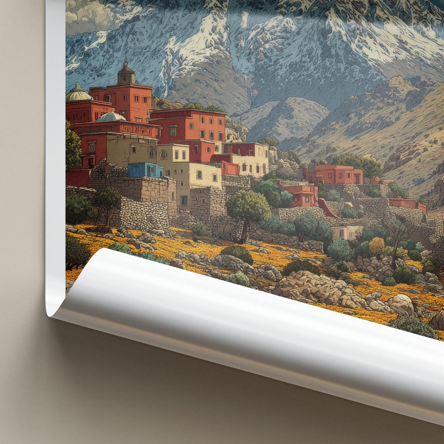 Jbel Toubkal Poster - Morocco Travel Art - Terraced Village Flowers Home Decor