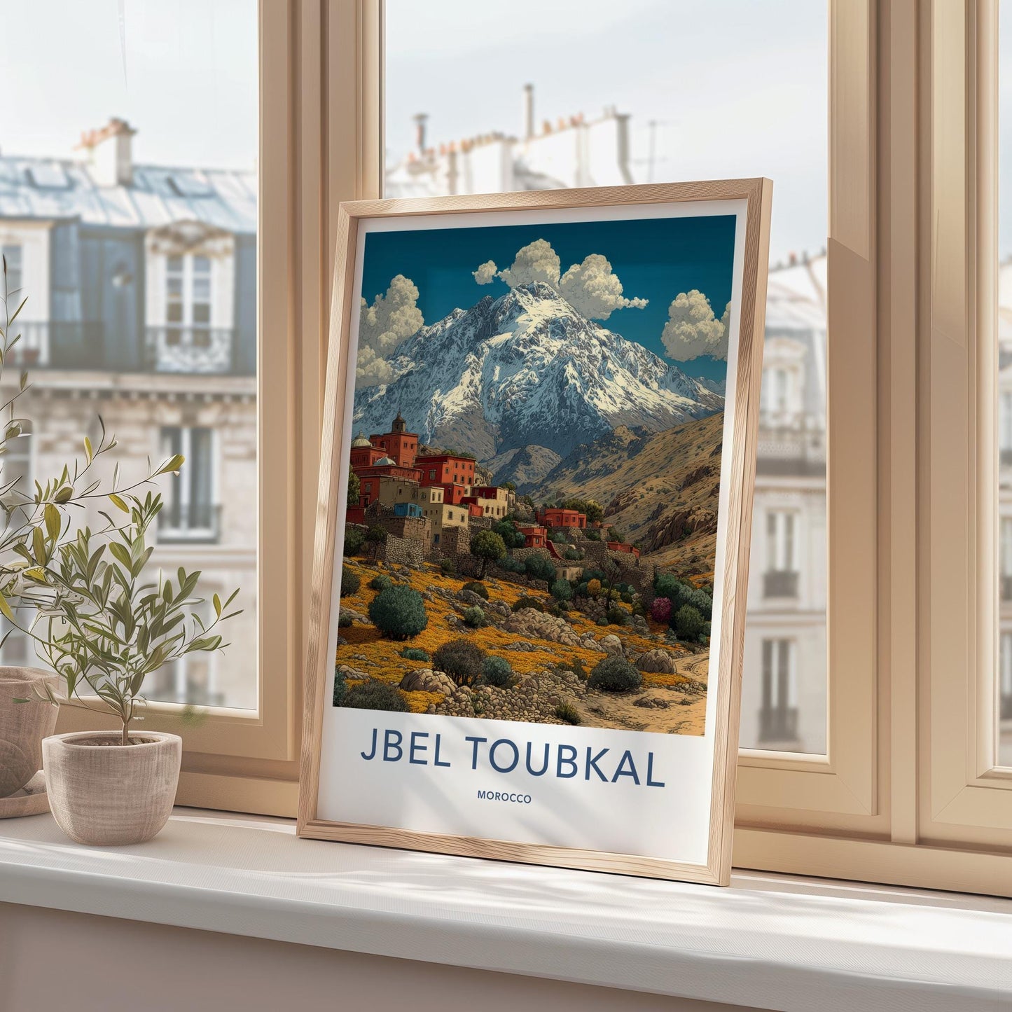 Jbel Toubkal Poster - Morocco Travel Art - Terraced Village Flowers Home Decor