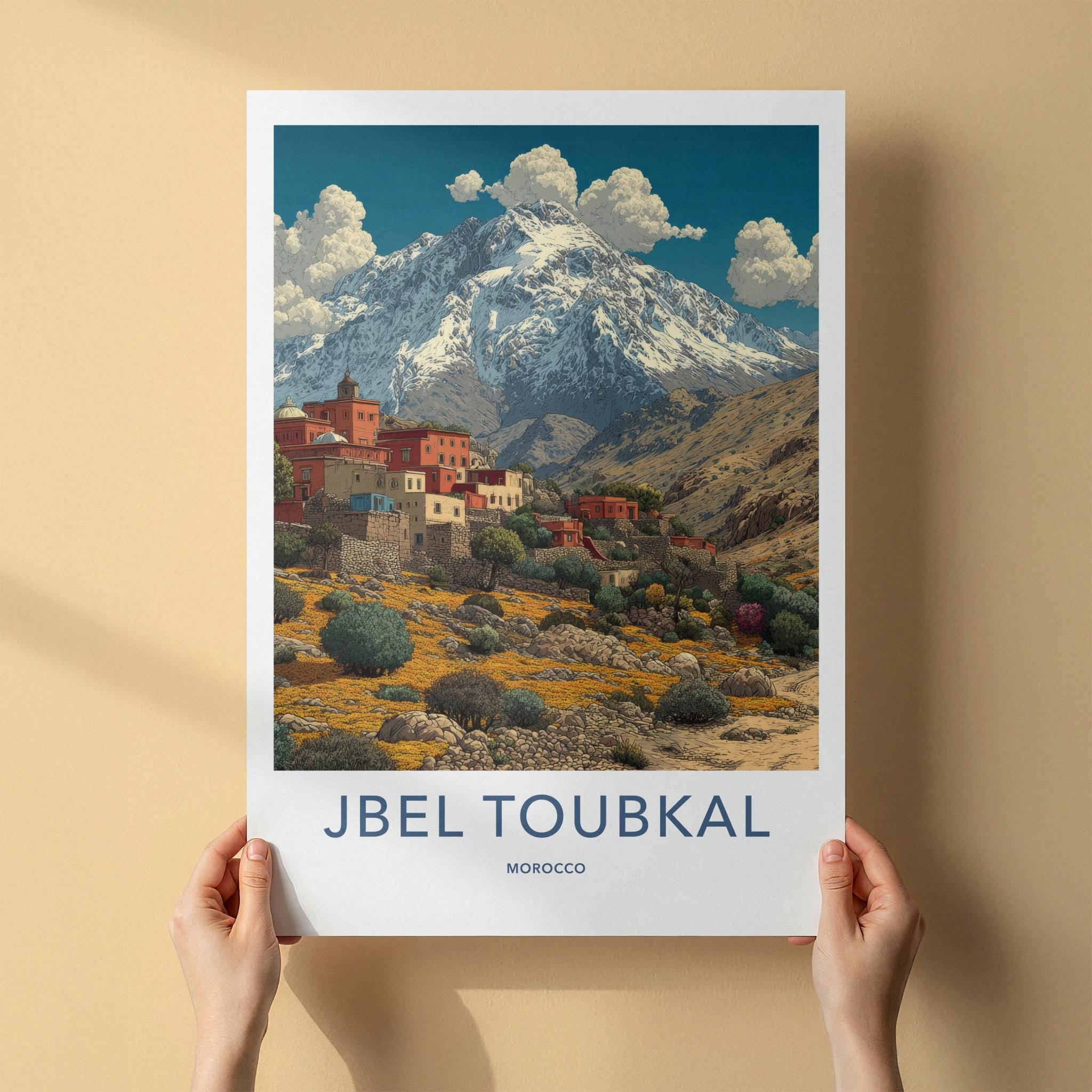 Jbel Toubkal Poster - Morocco Travel Art - Terraced Village Flowers Home Decor