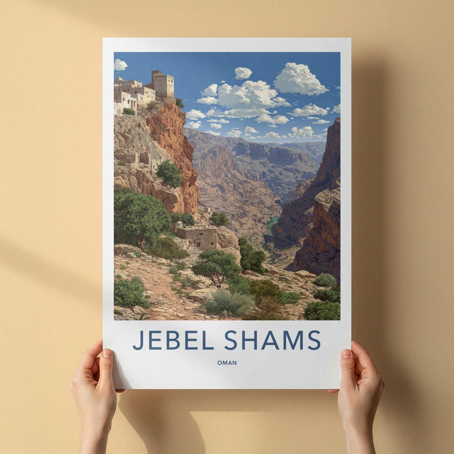 Jebel Shams Poster - Oman Travel Art - Cliffside Village Canyon Home Decor