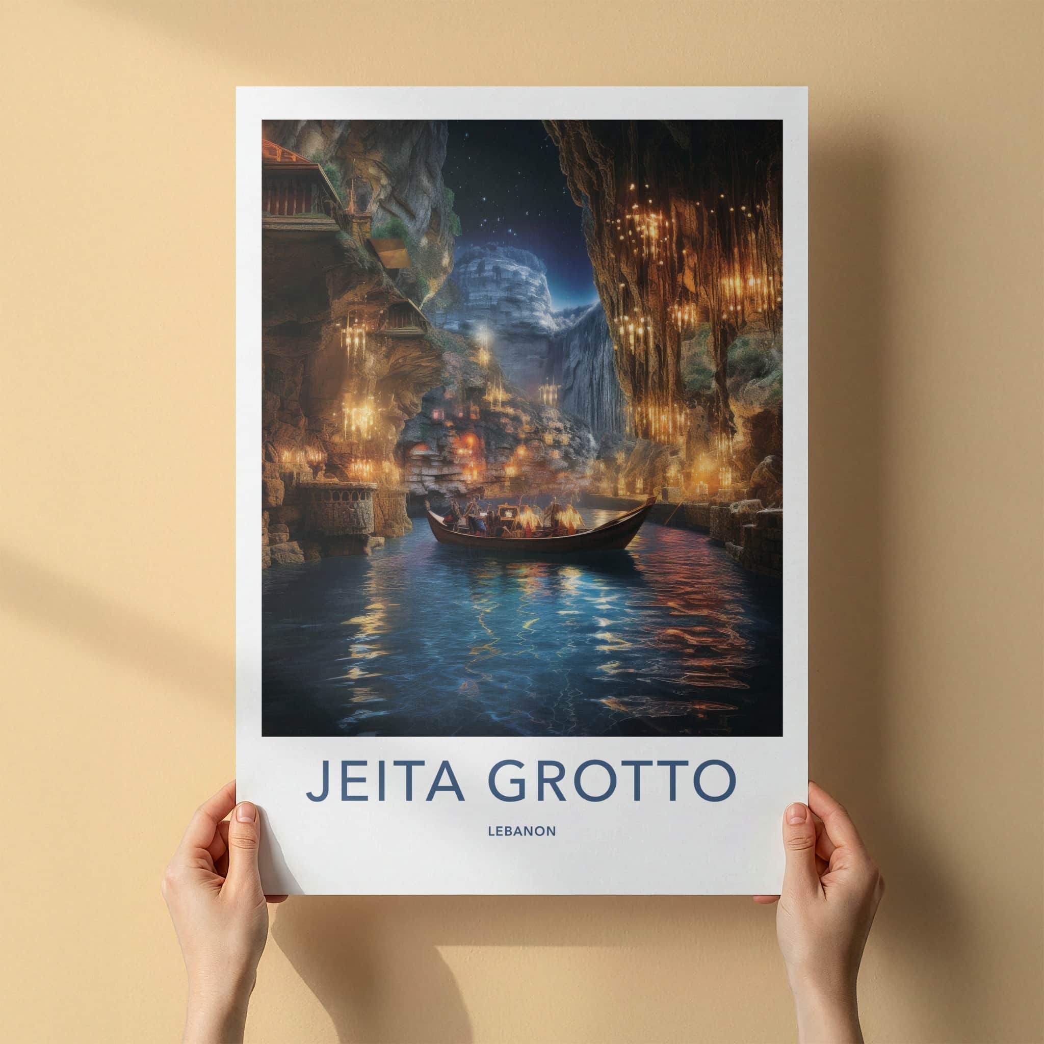 JEITA GROTTO Poster - Lebanon Travel Art - Grotto Boat Lights Home Decor