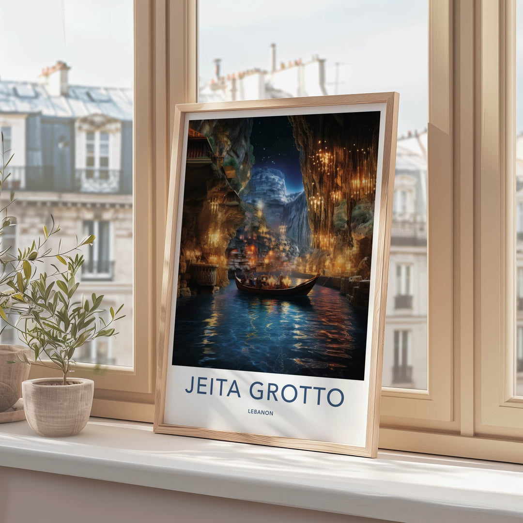 JEITA GROTTO Poster - Lebanon Travel Art - Grotto Boat Lights Home Decor