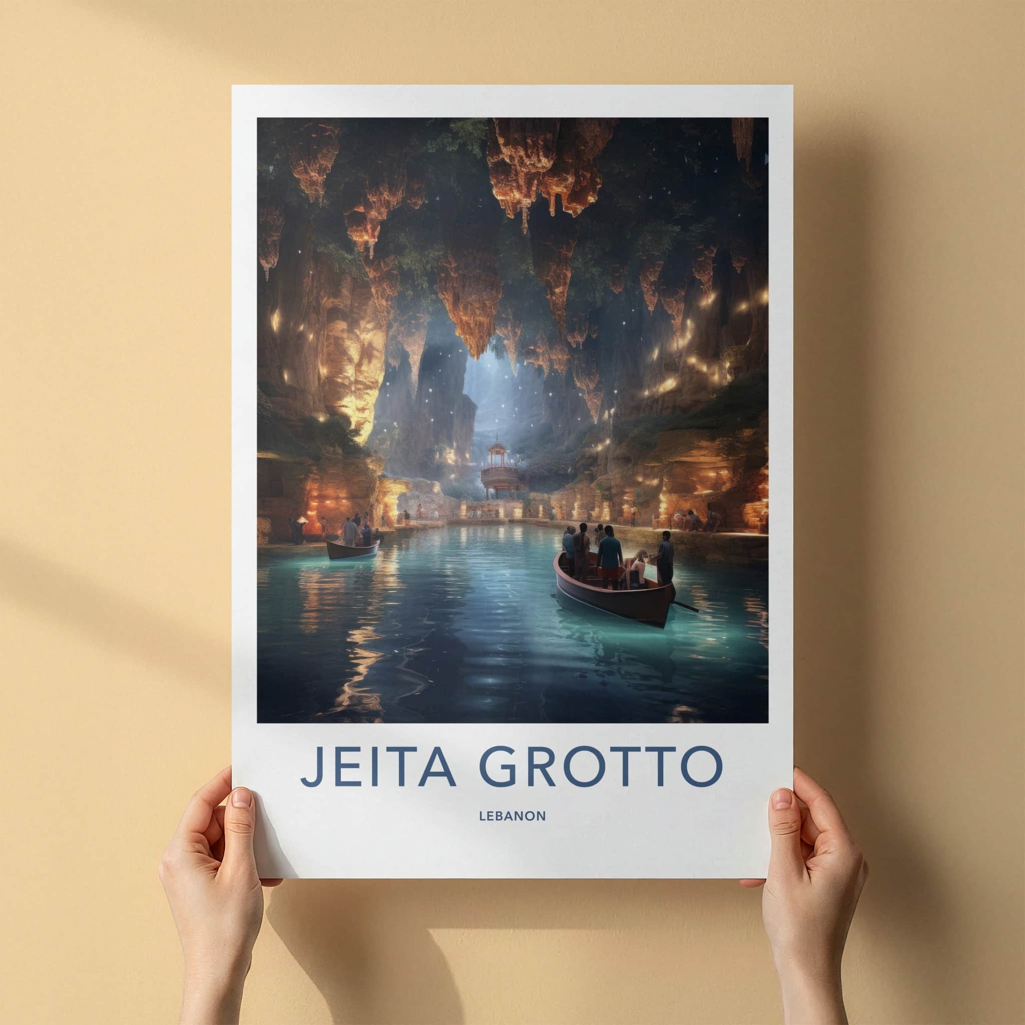 Jeita Grotto Poster - Lebanon Travel Art - Illuminated Cave Boats Home Decor
