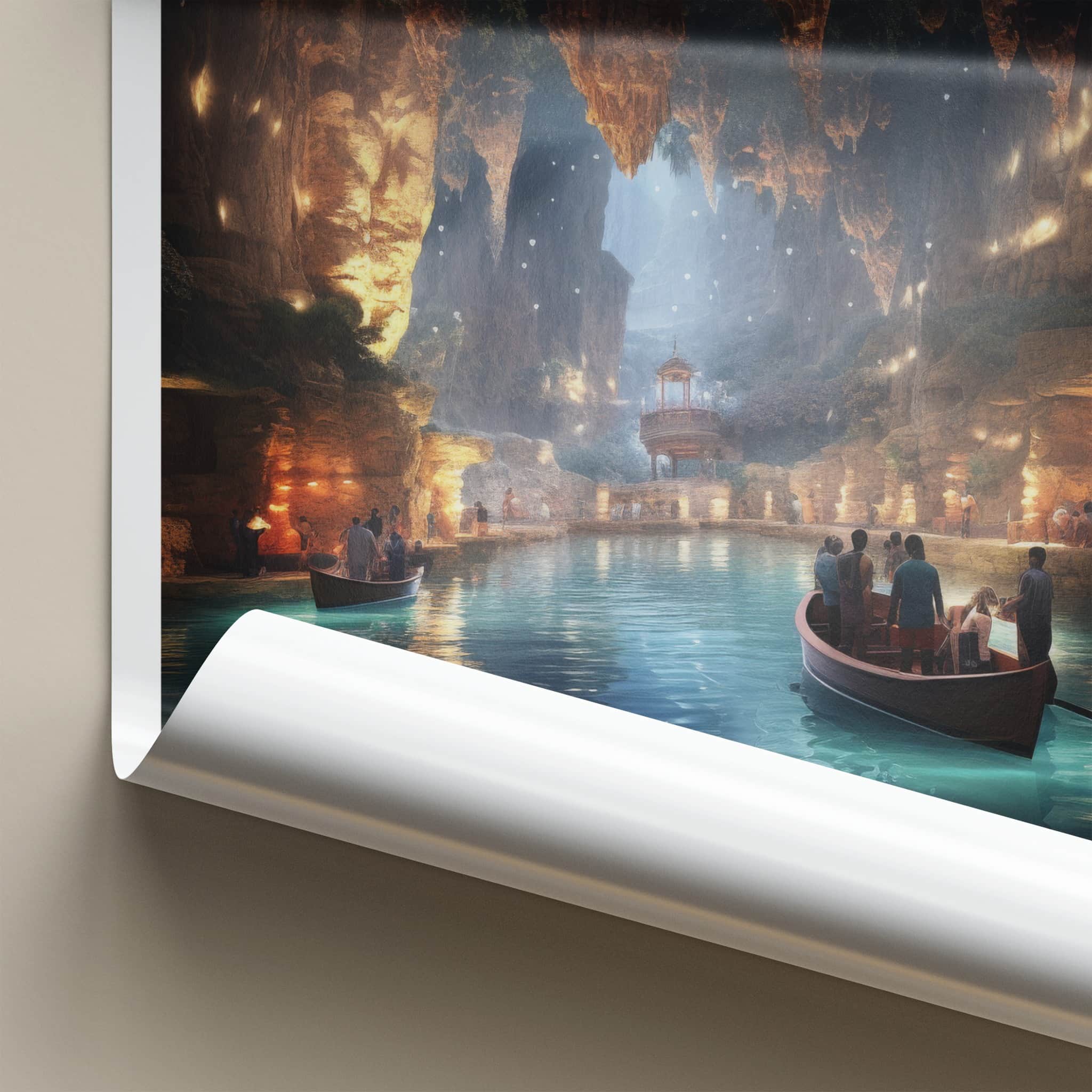 Jeita Grotto Poster - Lebanon Travel Art - Illuminated Cave Boats Home Decor