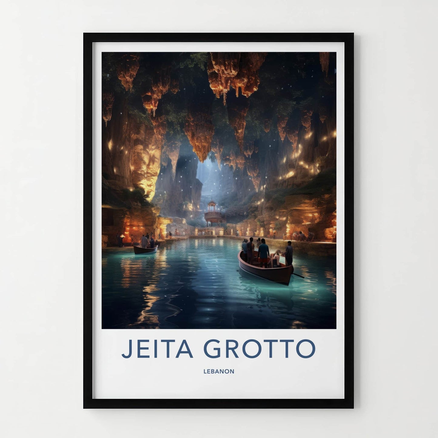 Jeita Grotto Poster - Lebanon Travel Art - Illuminated Cave Boats Home Decor