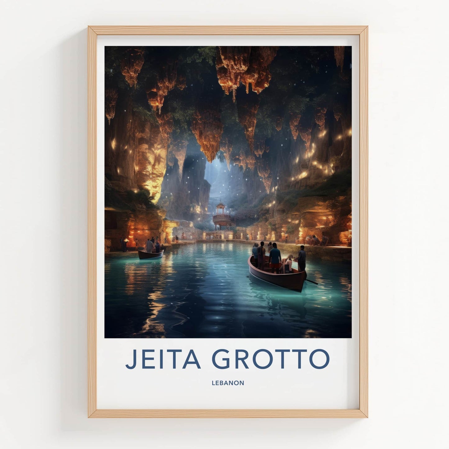 Jeita Grotto Poster - Lebanon Travel Art - Illuminated Cave Boats Home Decor