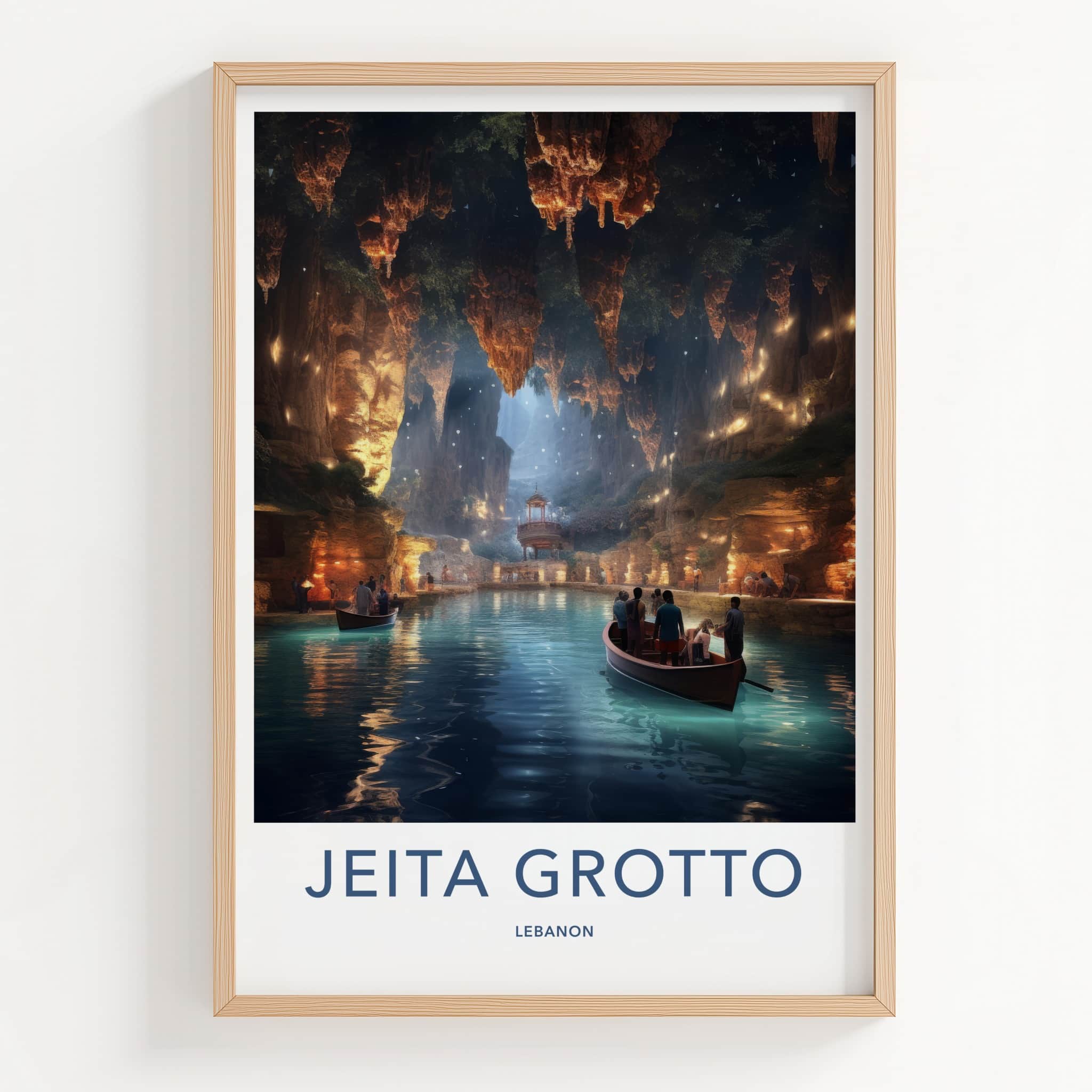 Jeita Grotto Poster - Lebanon Travel Art - Illuminated Cave Boats Home Decor