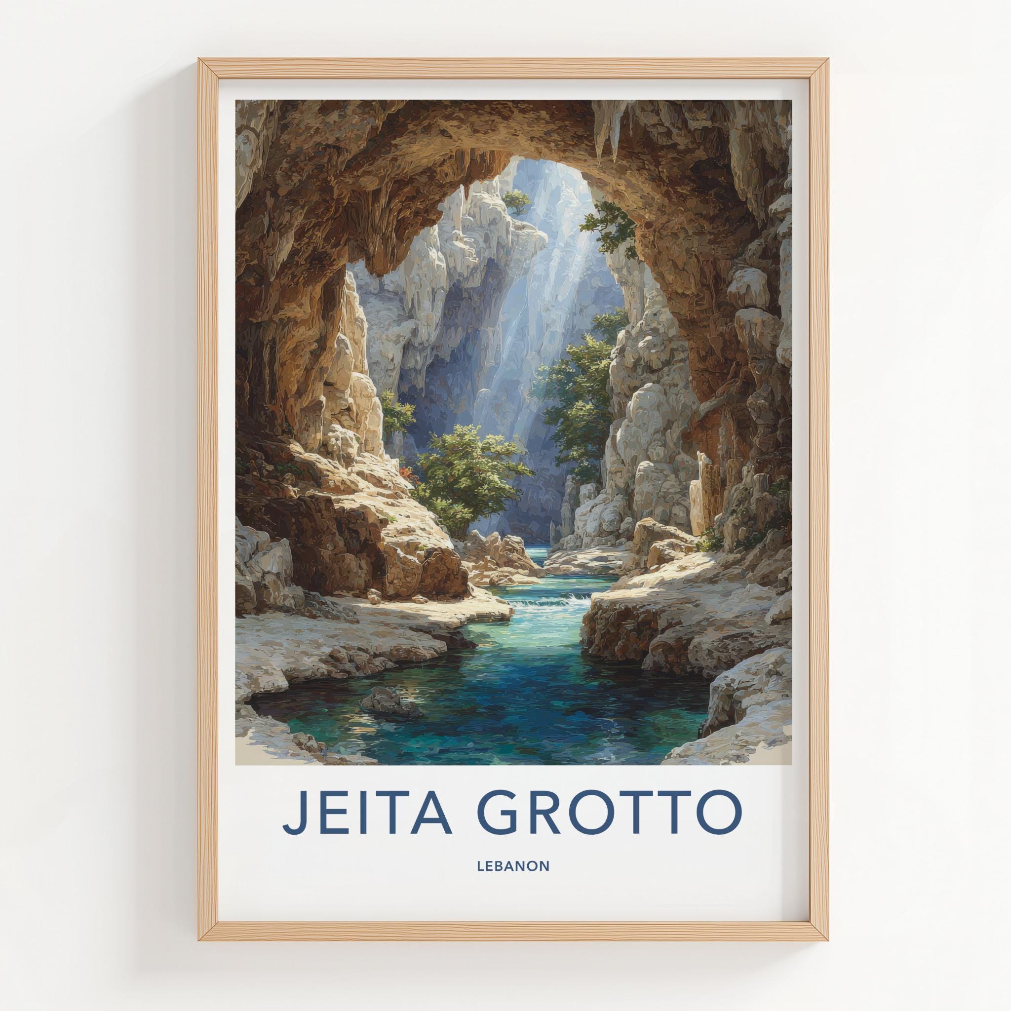 Jeita Grotto Poster - Lebanon Wall Art - Sunlit Cavern Stream Home Decor