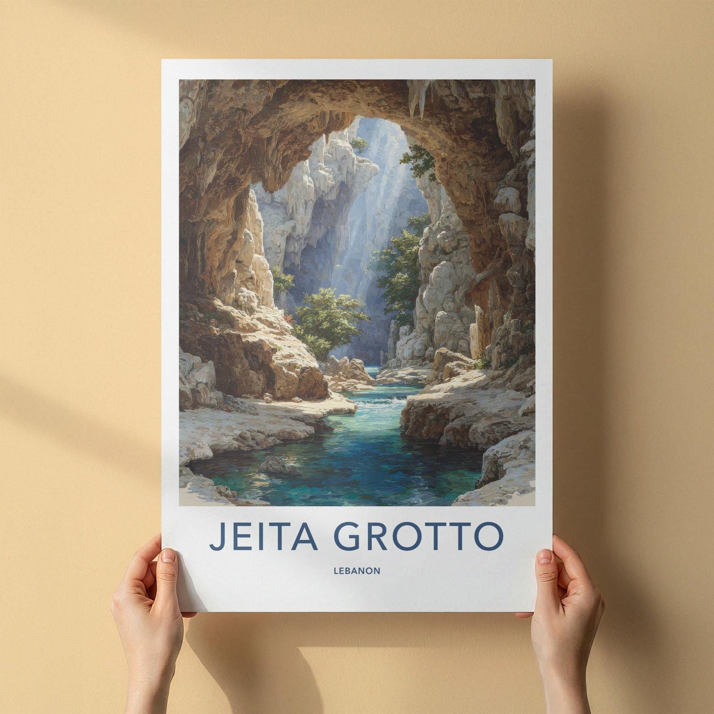 Jeita Grotto Poster - Lebanon Wall Art - Sunlit Cavern Stream Home Decor