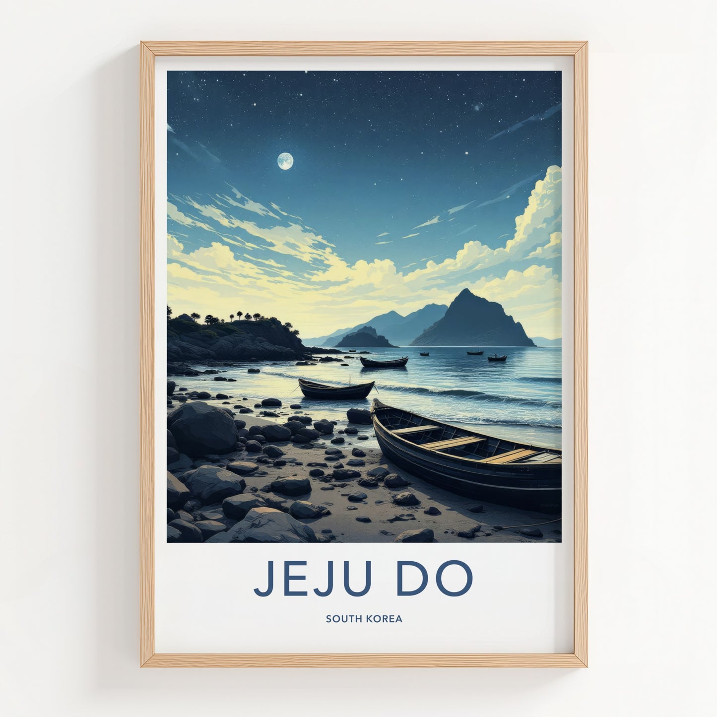 Jeju Do Poster - South Korea Art Print - Moonlit Coastal Boats Home Decor