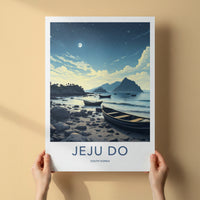 Jeju Do Poster - South Korea Art Print - Moonlit Coastal Boats Home Decor
