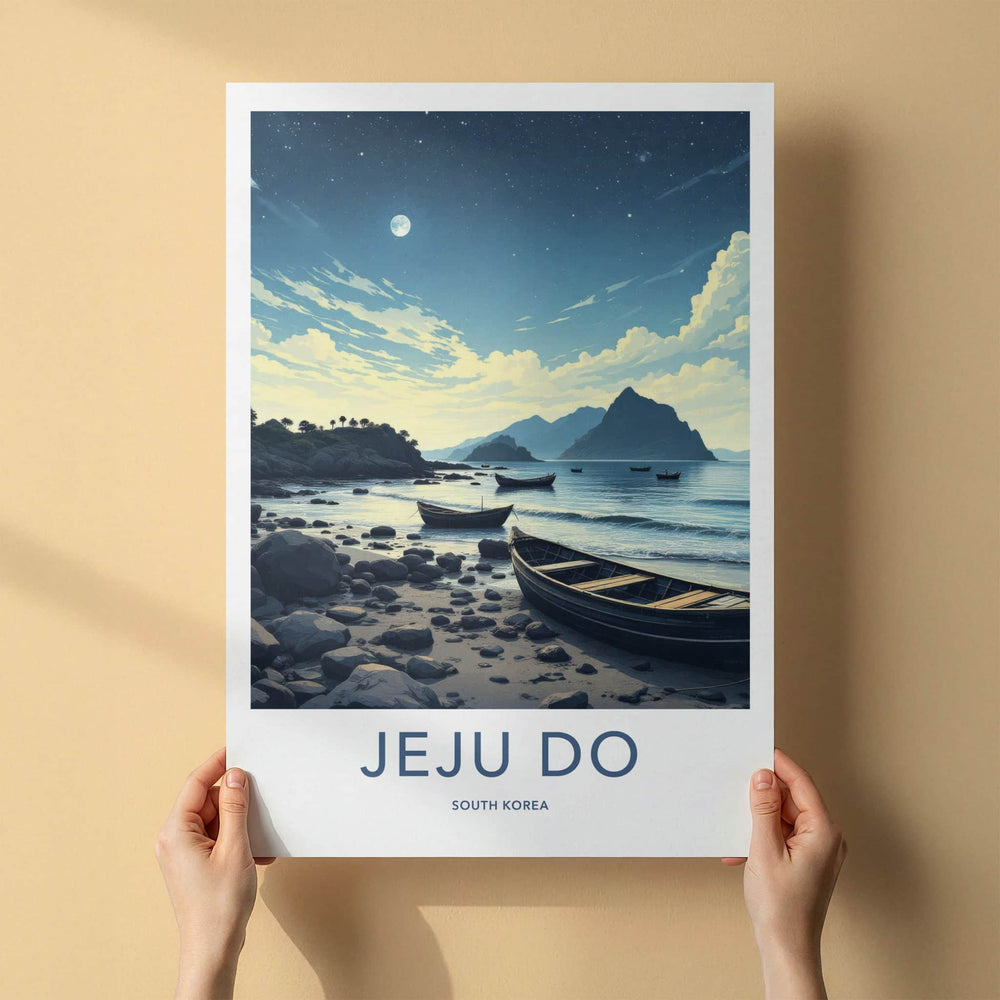 Jeju Do Poster - South Korea Art Print - Moonlit Coastal Boats Home Decor