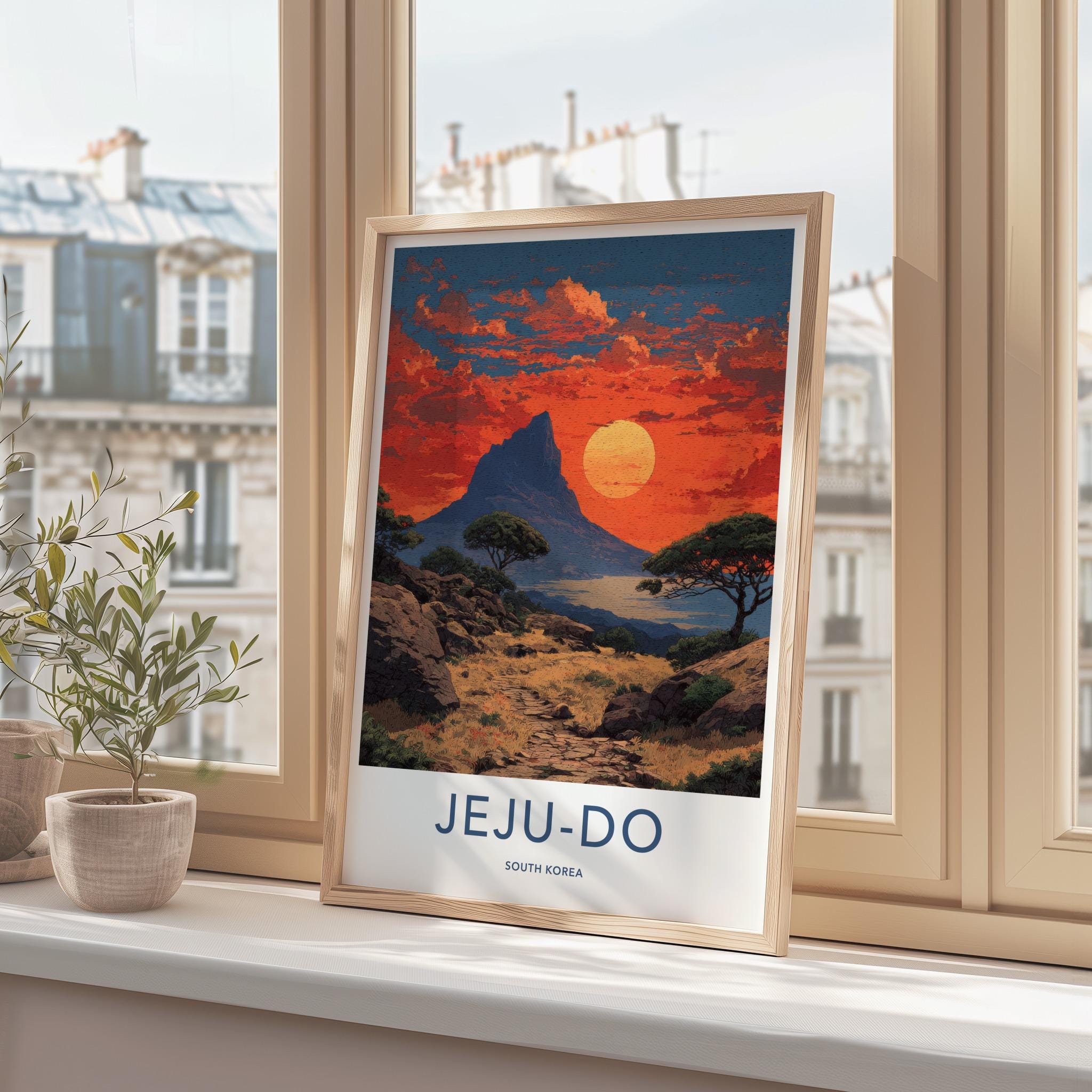 Jeju-Do Poster - South Korea Art Print - Orange Sky Mountain Wall Decor