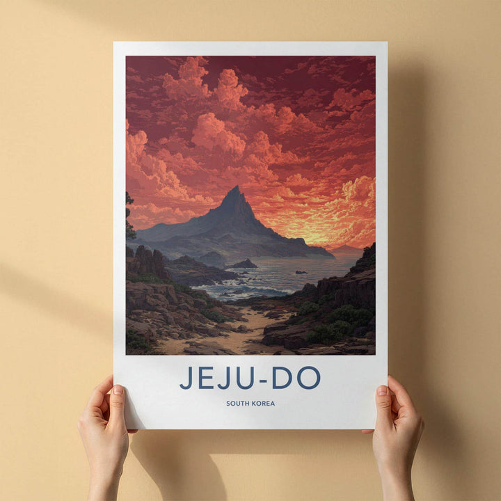 Jeju-Do Poster - South Korea Travel Art - Fiery Sky Ocean Home Decor
