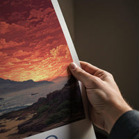 Jeju-Do Poster - South Korea Travel Art - Fiery Sky Ocean Home Decor