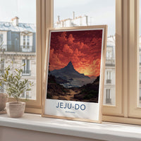 Jeju-Do Poster - South Korea Travel Art - Fiery Sky Ocean Home Decor