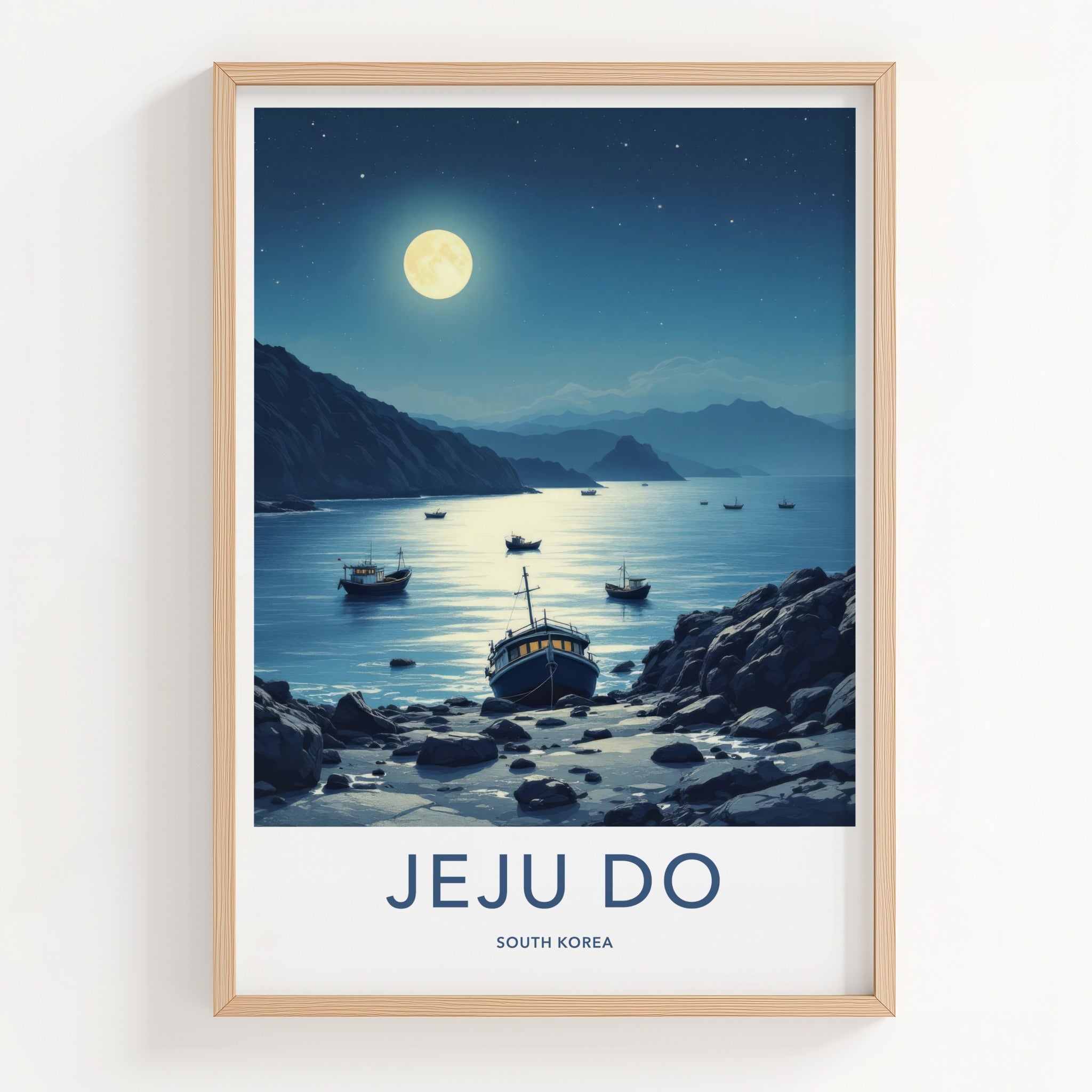 Jeju Do Poster - South Korea Travel Art - Moonlit Rocky Shore Home Decor