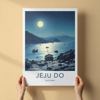 Jeju Do Poster - South Korea Travel Art - Moonlit Rocky Shore Home Decor