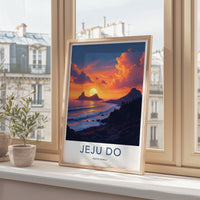 Jeju Do Poster - South Korea Travel Art - Vibrant Ocean Sunset Home Decor