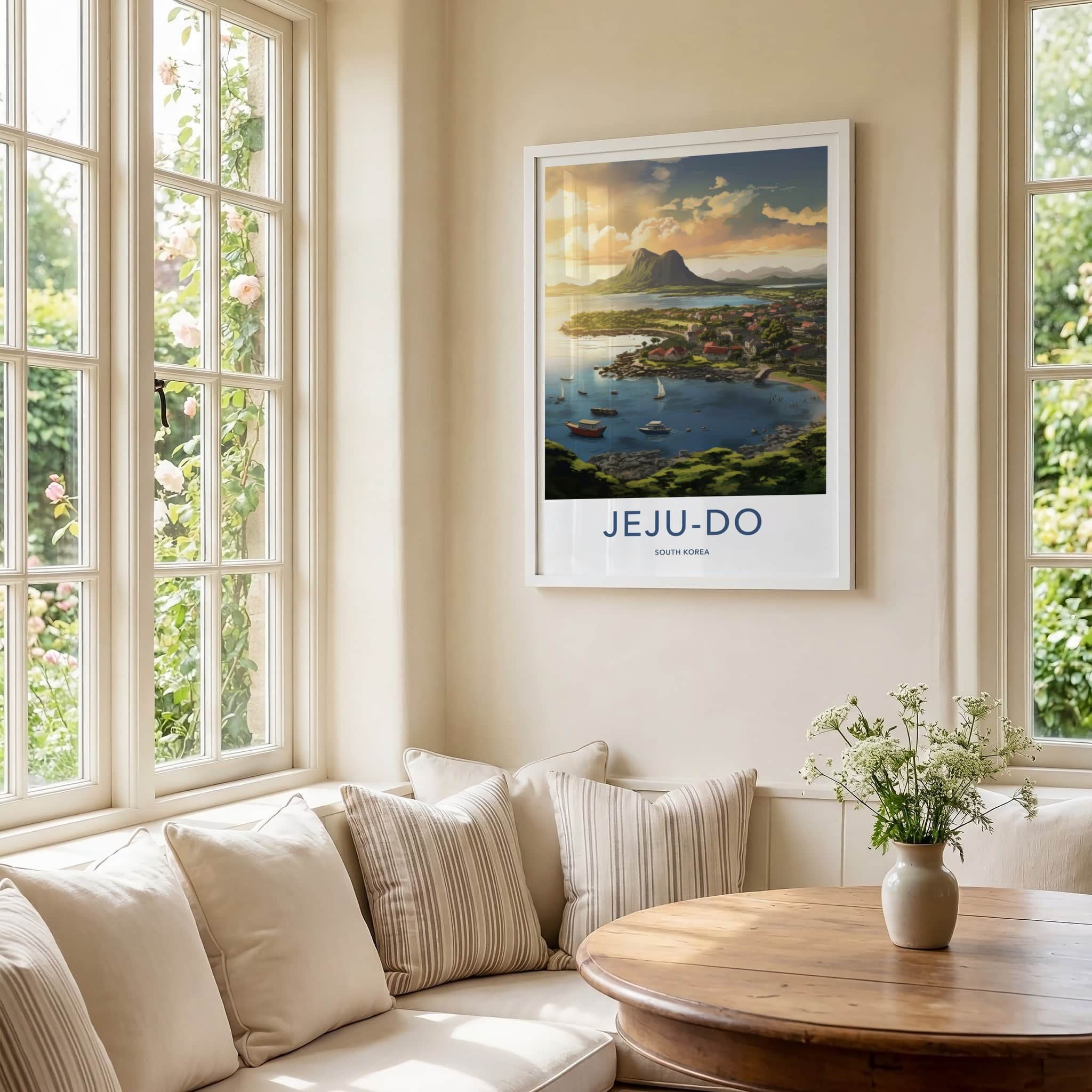 Jeju-Do Poster - South Korea Travel Art - Vivid Coastal Village Wall Decor