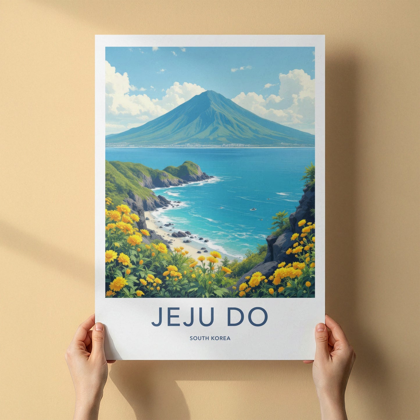 Jeju Do Poster - South Korea Travel Art - Volcanic Peak Ocean Home Decor