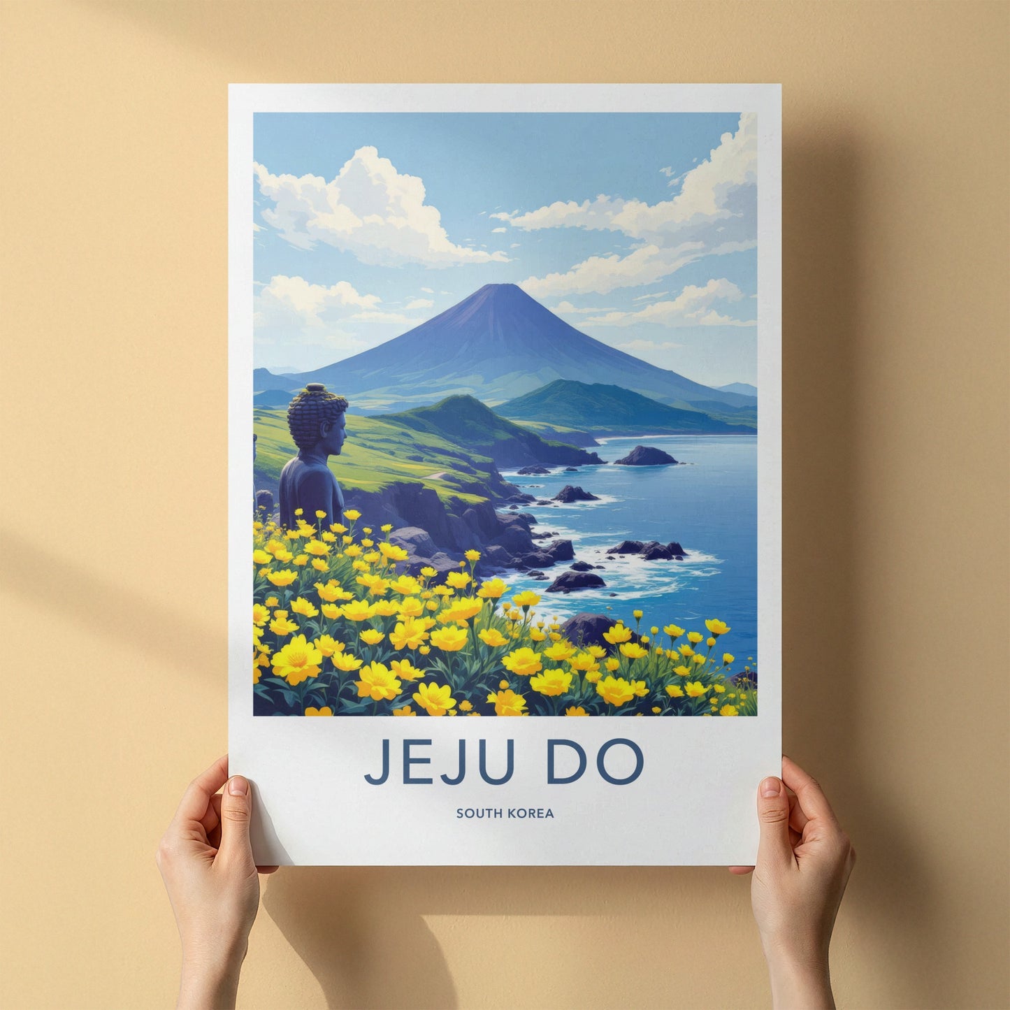 Jeju Do Poster - South Korea Travel Print - Volcano Coast Buddha Wall Decor