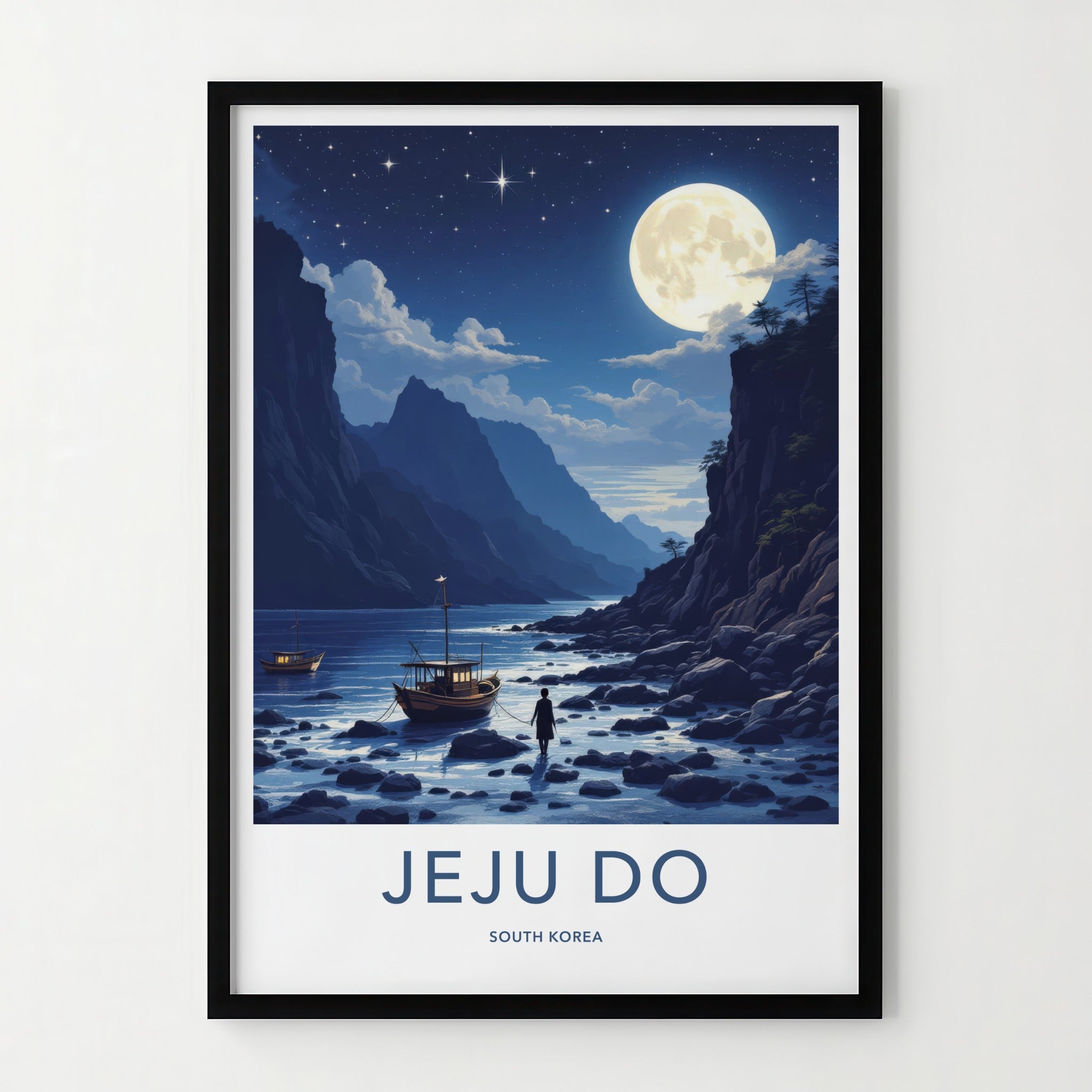 Jeju Do Poster - South Korea Wall Art - Moonlit Coastal Boats Home Decor