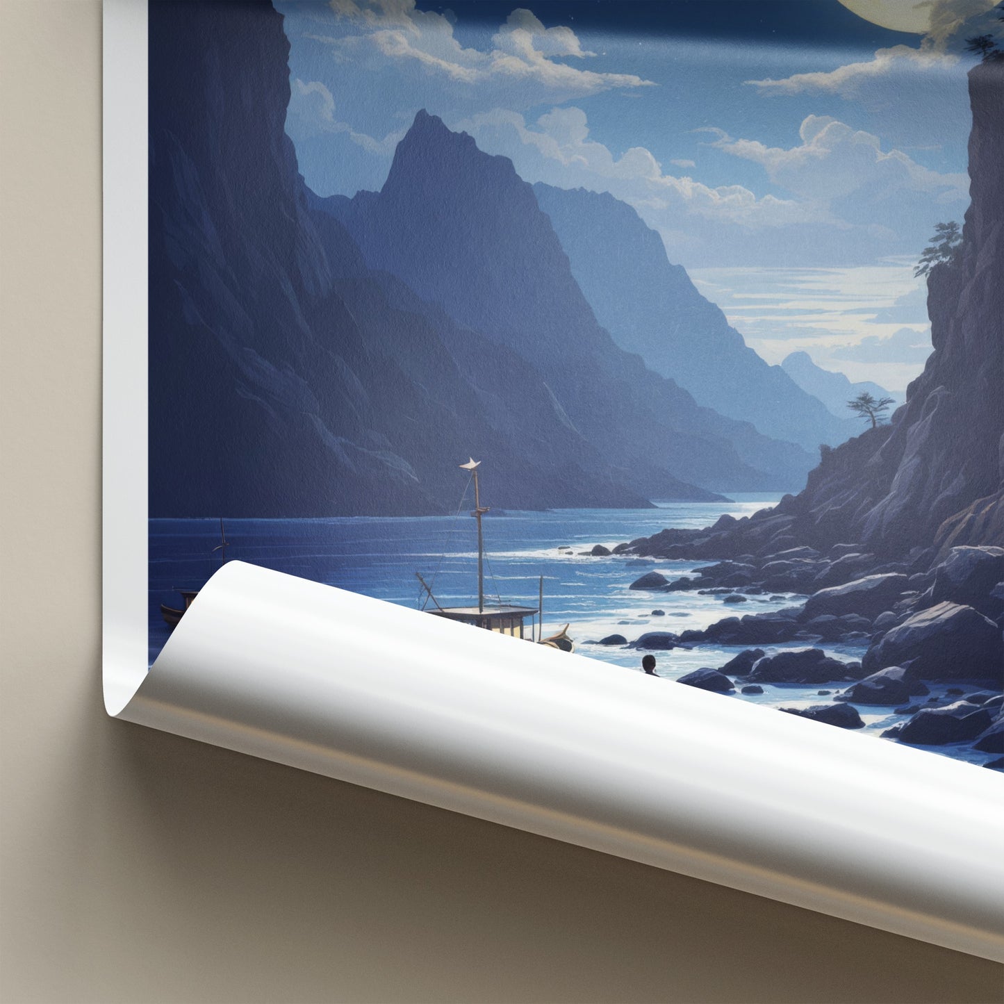 Jeju Do Poster - South Korea Wall Art - Moonlit Coastal Boats Home Decor