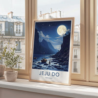Jeju Do Poster - South Korea Wall Art - Moonlit Coastal Boats Home Decor