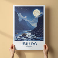 Jeju Do Poster - South Korea Wall Art - Moonlit Coastal Boats Home Decor