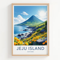 Jeju Island Poster - South Korea Travel Art - Mountain Ocean Flowers Wall Decor